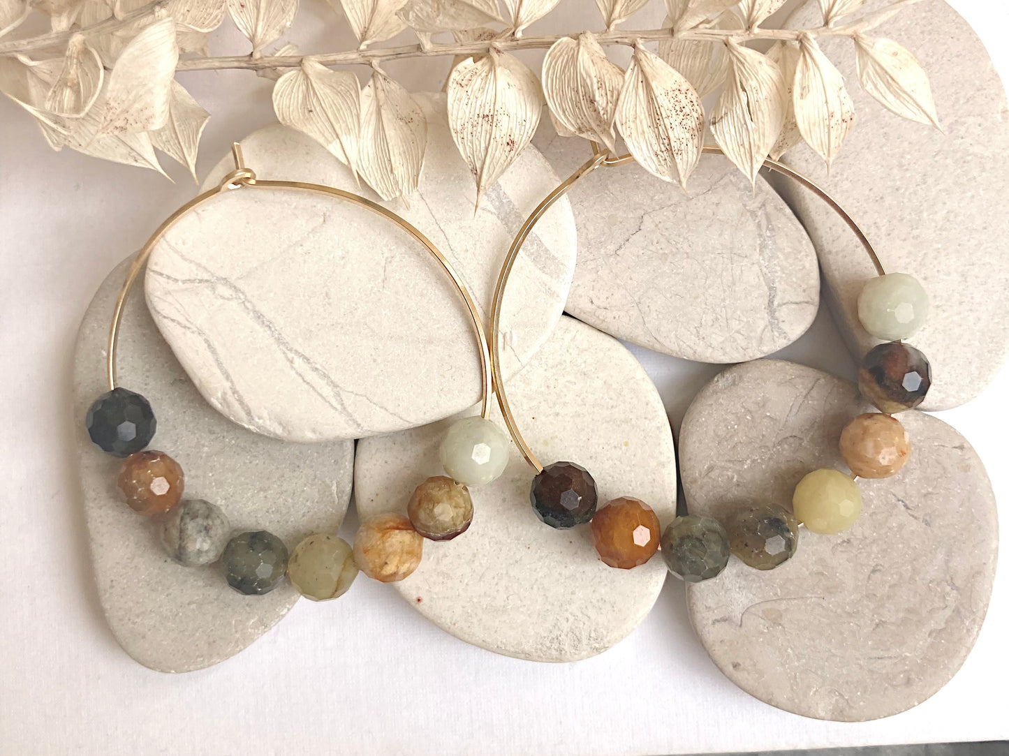 12-Beaded Hoop Earrings-Flower Jade-GF