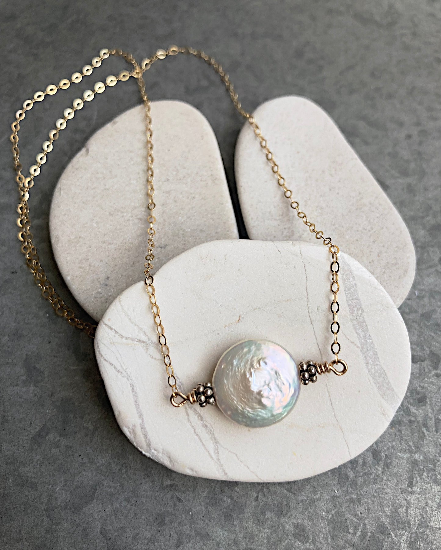 7-gold filled chain with coin shaped freshwater pearl