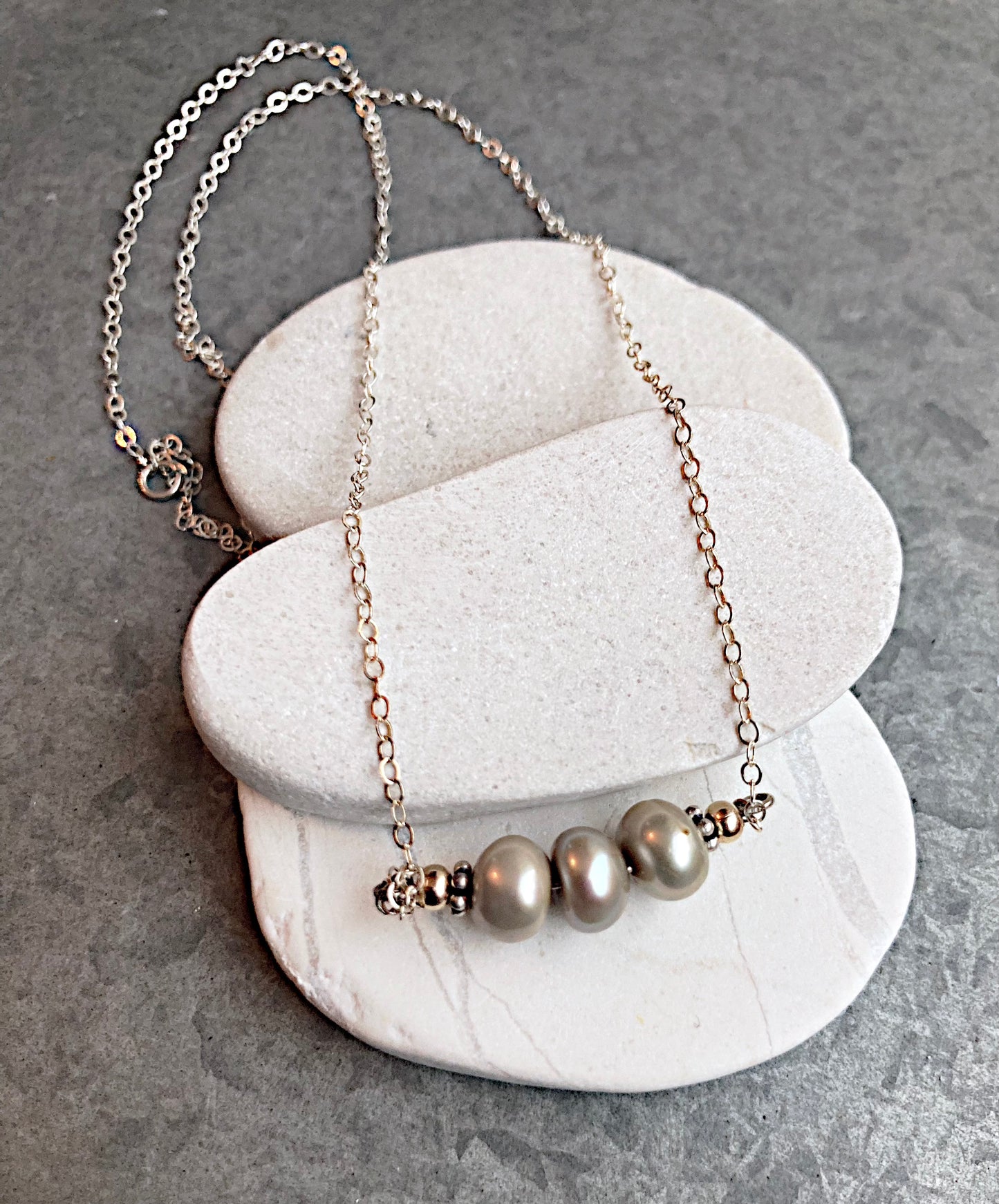 sterling silver chain with taupe colored freshwater pearl necklace