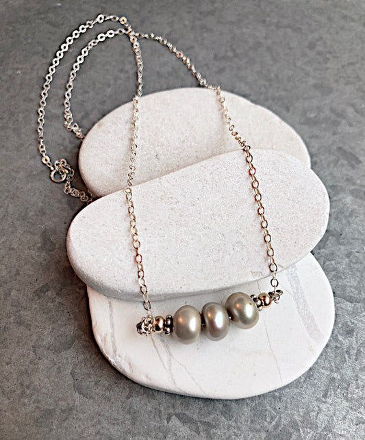 sterling silver chain with taupe colored freshwater pearl necklace